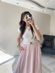Toz Pembe Tensel Kumaş Cepli Uzun Etek