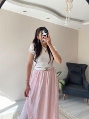 Toz Pembe Tensel Kumaş Cepli Uzun Etek