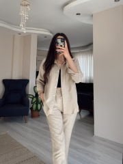 Bej Keten Gömlek Havuç Pantolon Takım
