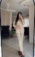 Bej Keten Gömlek Havuç Pantolon Takım