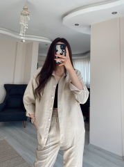 Bej Keten Gömlek Havuç Pantolon Takım