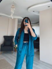 Petrol Keten Gömlek Havuç Pantolon Takım