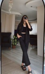 Siyah Keten Gömlek Havuç Pantolon Takım