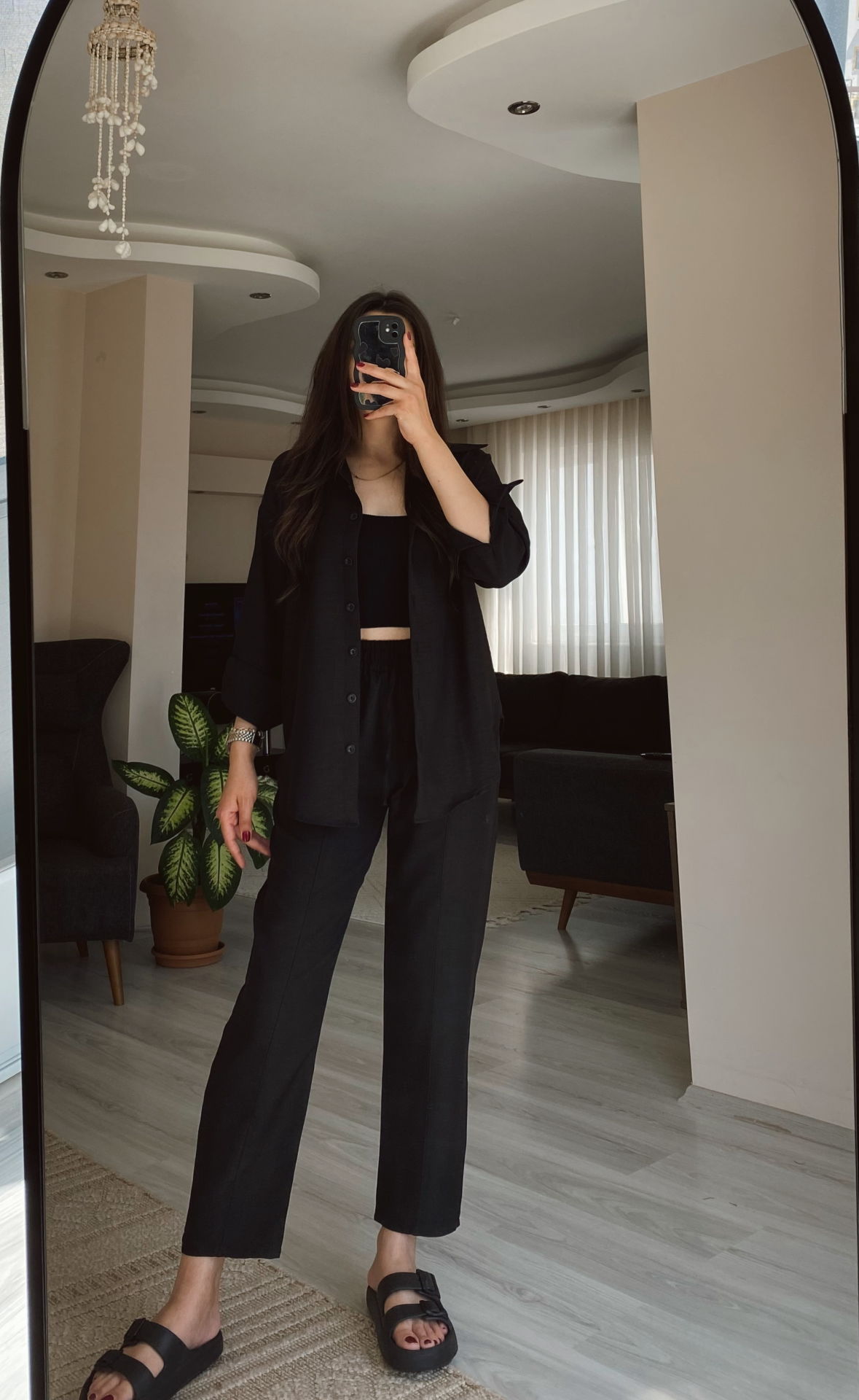 Siyah Keten Gömlek Havuç Pantolon Takım