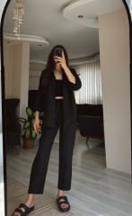 Siyah Keten Gömlek Havuç Pantolon Takım