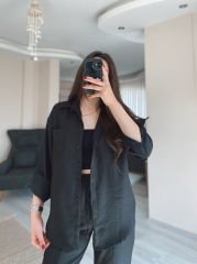 Siyah Keten Gömlek Havuç Pantolon Takım