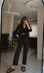 Siyah Keten Gömlek Havuç Pantolon Takım