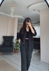 Siyah Keten Gömlek Havuç Pantolon Takım