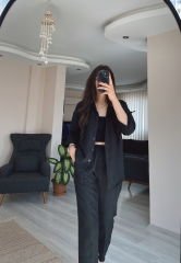 Siyah Keten Gömlek Havuç Pantolon Takım