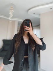 Siyah Keten Gömlek Havuç Pantolon Takım