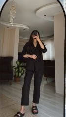 Siyah Keten Gömlek Havuç Pantolon Takım