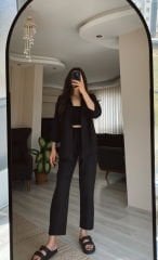 Siyah Keten Gömlek Havuç Pantolon Takım