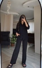 Siyah Keten Gömlek Palazzo Pantolon Takım