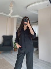 Siyah Keten Gömlek Palazzo Pantolon Takım