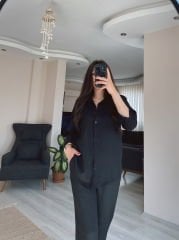 Siyah Keten Gömlek Palazzo Pantolon Takım