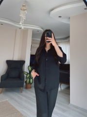 Siyah Keten Gömlek Palazzo Pantolon Takım