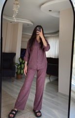 Mor Keten Gömlek Palazzo Pantolon Takım