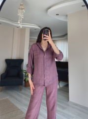 Mor Keten Gömlek Palazzo Pantolon Takım