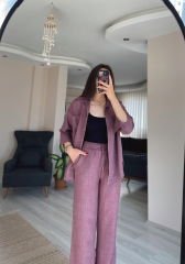 Mor Keten Gömlek Palazzo Pantolon Takım