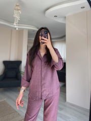 Mor Keten Gömlek Palazzo Pantolon Takım