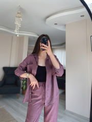 Mor Keten Gömlek Palazzo Pantolon Takım