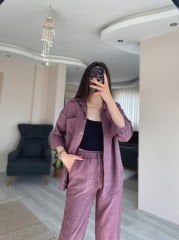 Mor Keten Gömlek Palazzo Pantolon Takım