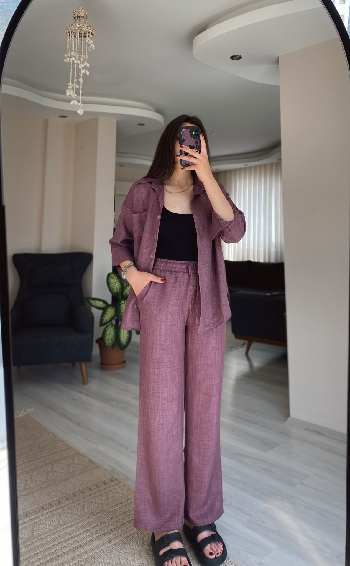 Mor Keten Gömlek Palazzo Pantolon Takım