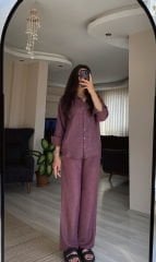 Mor Keten Gömlek Palazzo Pantolon Takım