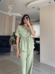 Yeşil Kısa Kollu Gömlek Pantolon Keten Takım