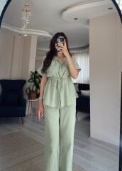Yeşil Kısa Kollu Gömlek Pantolon Keten Takım