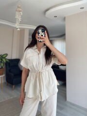 Krem Kısa Kollu Gömlek Pantolon Keten Takım