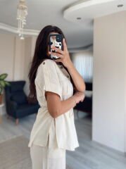 Krem Kısa Kollu Gömlek Pantolon Keten Takım