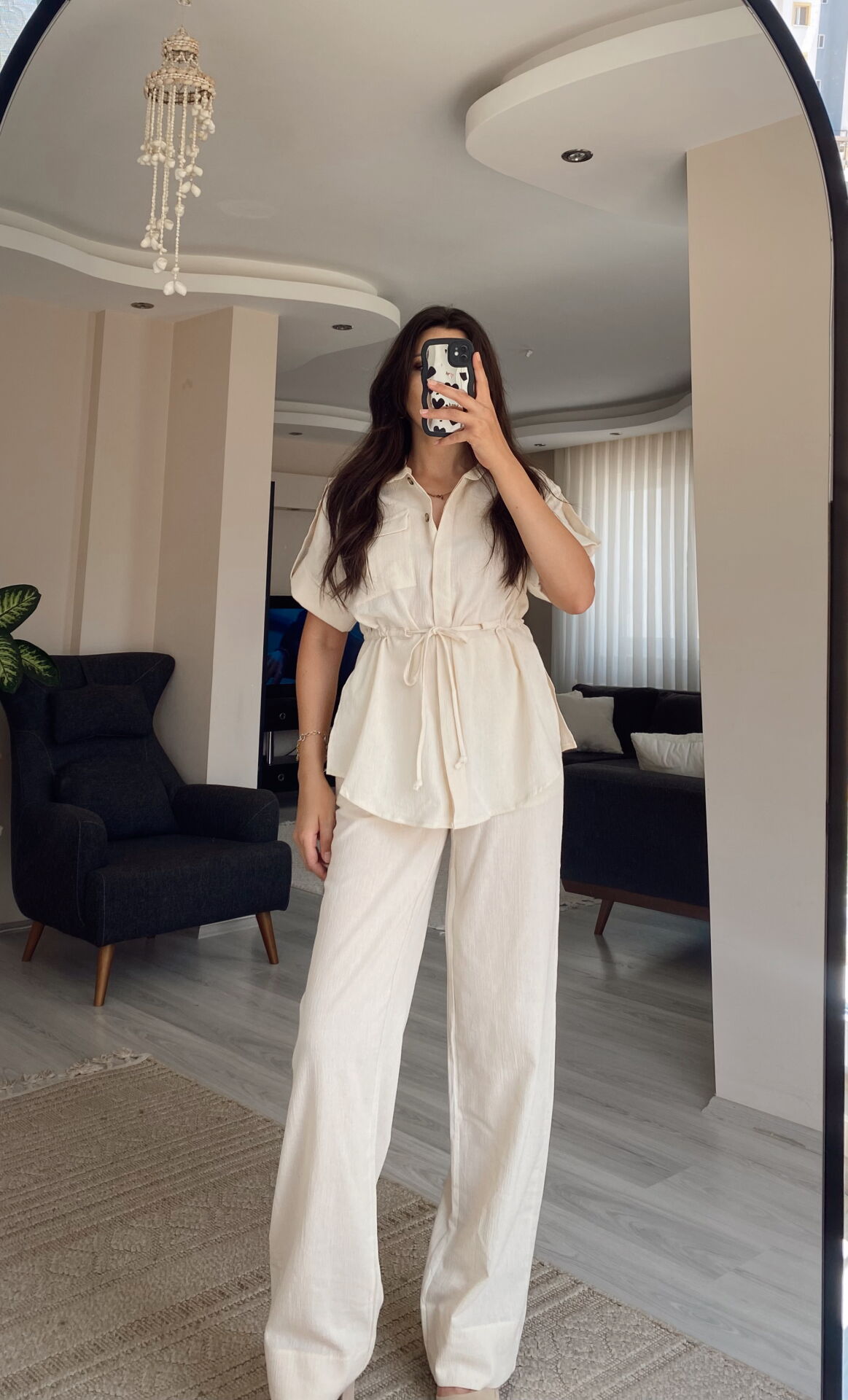 Krem Kısa Kollu Gömlek Pantolon Keten Takım