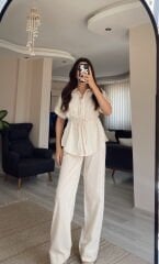 Krem Kısa Kollu Gömlek Pantolon Keten Takım