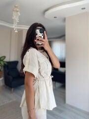 Krem Kısa Kollu Gömlek Pantolon Keten Takım