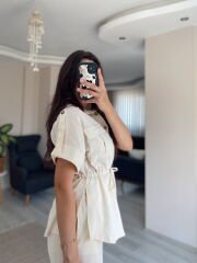 Krem Kısa Kollu Gömlek Pantolon Keten Takım