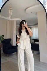 Krem Kısa Kollu Gömlek Pantolon Keten Takım