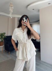 Krem Kısa Kollu Gömlek Pantolon Keten Takım