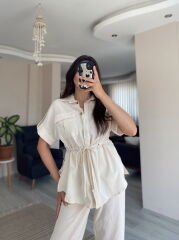 Krem Kısa Kollu Gömlek Pantolon Keten Takım