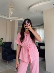 Pembe Kısa Kollu Gömlek Pantolon Keten Takım