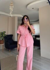 Pembe Kısa Kollu Gömlek Pantolon Keten Takım