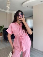 Pembe Kısa Kollu Gömlek Pantolon Keten Takım