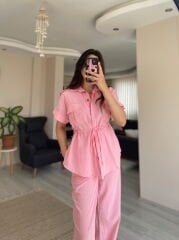 Pembe Kısa Kollu Gömlek Pantolon Keten Takım