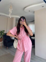 Pembe Kısa Kollu Gömlek Pantolon Keten Takım
