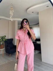 Pembe Kısa Kollu Gömlek Pantolon Keten Takım