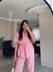 Pembe Kısa Kollu Gömlek Pantolon Keten Takım