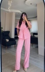 Pembe Kısa Kollu Gömlek Pantolon Keten Takım