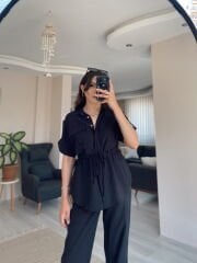 Siyah Kısa Kollu Gömlek Pantolon Keten Takım