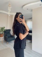 Siyah Kısa Kollu Gömlek Pantolon Keten Takım