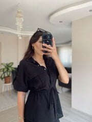 Siyah Kısa Kollu Gömlek Pantolon Keten Takım